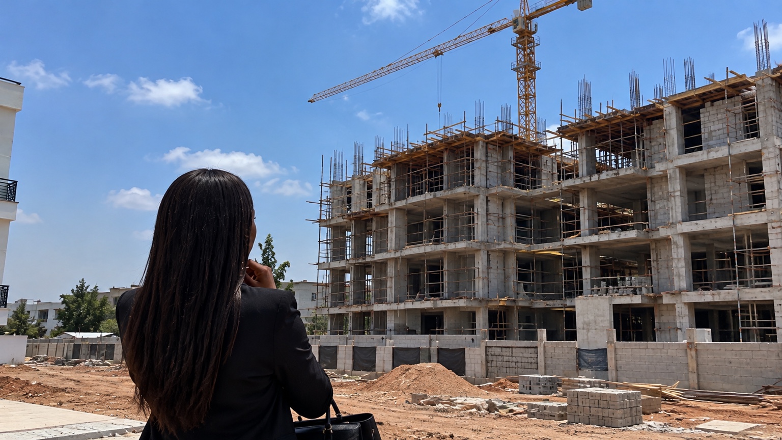 Unfinished multi-storey development with scaffolding and a tower crane