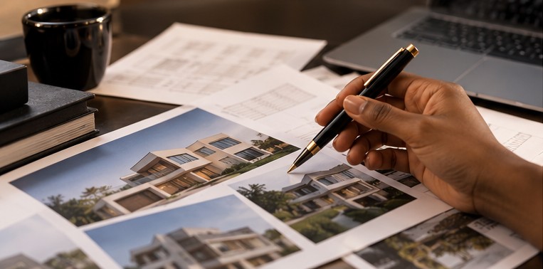 Property listings and photographs being reviewed at a desk