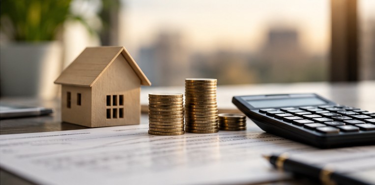 A miniature house beside stacked coins and financial paperwork